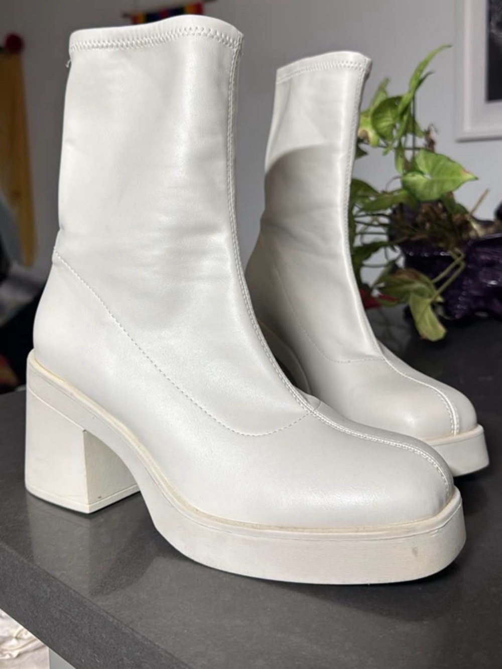 White Platform Block Heel Ankle Boots - Women's